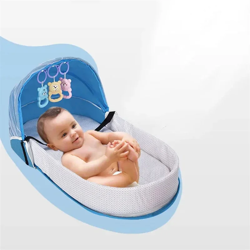 Cama de bebé práctica, cuna plegable antipresión con red y toldo, aislamiento biomimético para recién nacidos, cuna de viaje al aire libre
