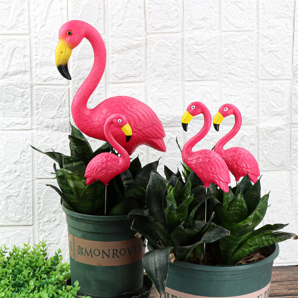 Mini rosa rojo pequeño flamenco de plástico decoración de patio pájaro césped jardín estaca estatua figuritas ornamento maceta