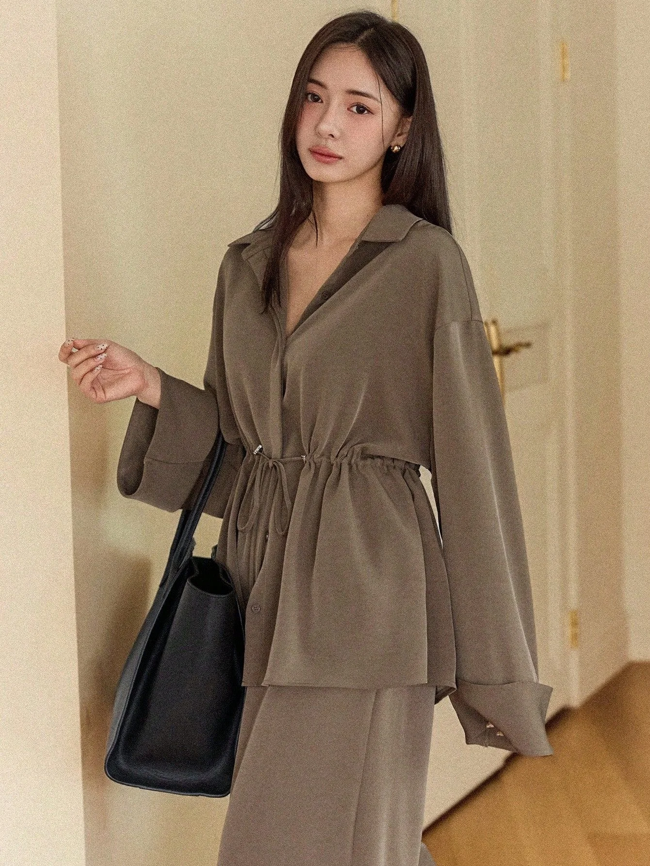Conjunto de dos piezas elegante para mujer, camisa de manga larga con cordón en la cintura + pantalones de pierna ancha, ropa informal holgada para oficina