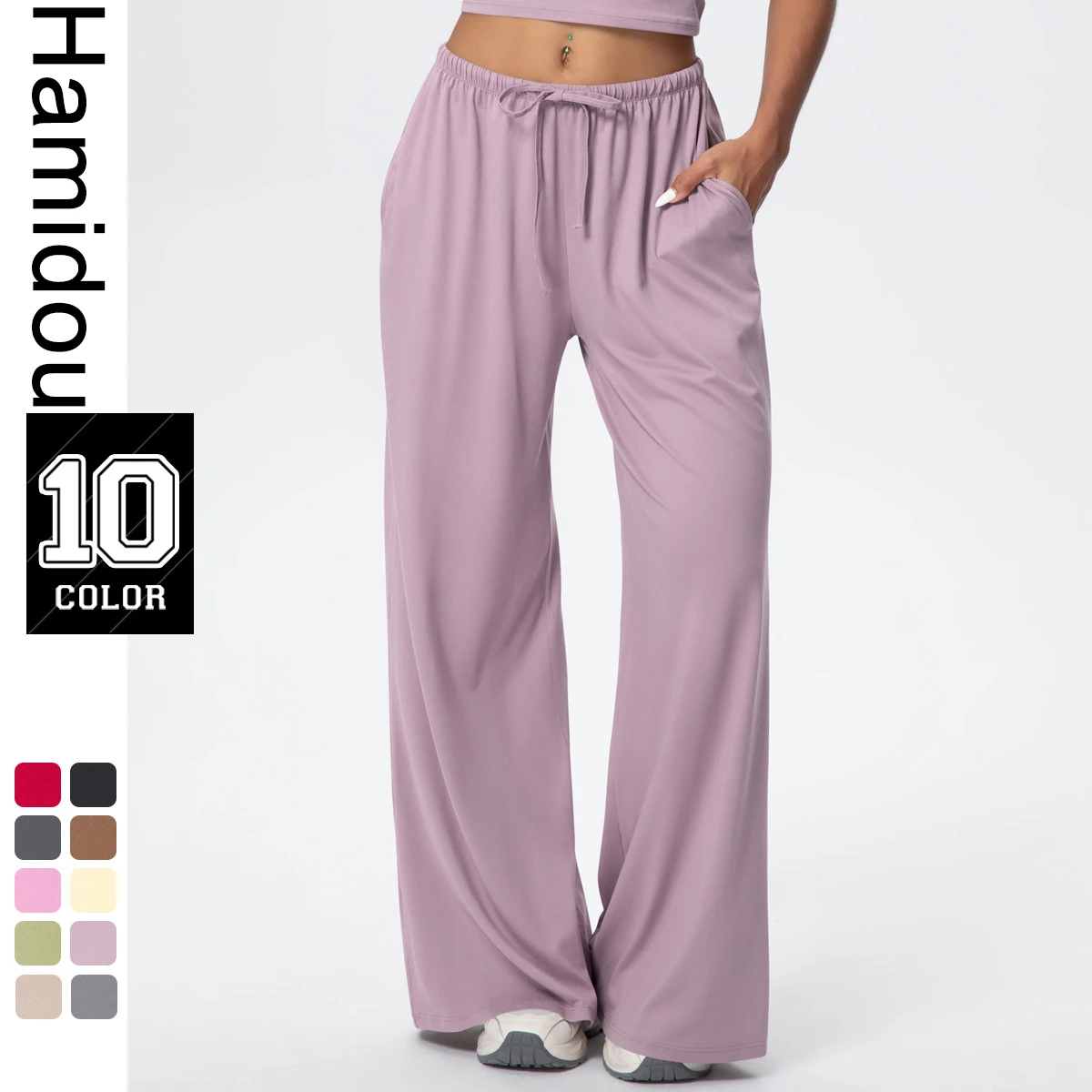 Pantalones de tubo de Yoga sueltos transpirables de Color sólido levantando glúteos deportes pantalones de pierna ancha de secado rápido con bolsillos pantalones de Yoga para gimnasio