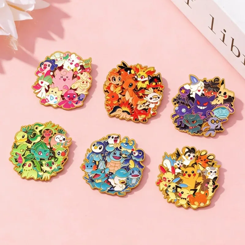 Set de 6 pines esmaltados de Pokémon: Pikachu, Gengar, Eevee, Bulbasaur, Squirtle y Charmander. Lindos pines de solapa de anime, regalo creativo para amigos.