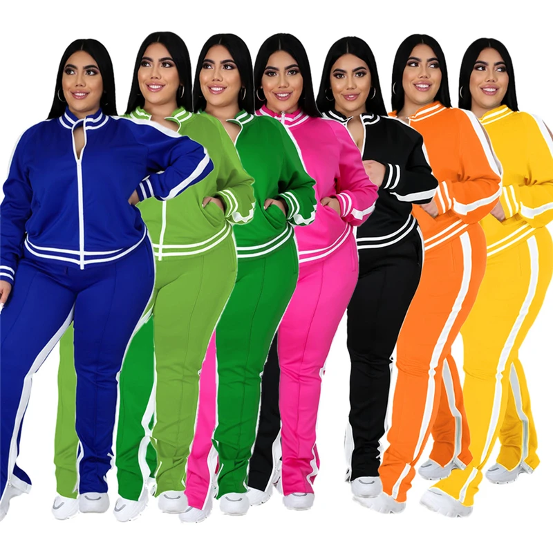 Conjunto de dos piezas de talla grande L-5XL para mujer, chándal con cremallera a rayas, pantalones de chándal con abertura, conjunto para correr, venta al por mayor, triangulación de envíos