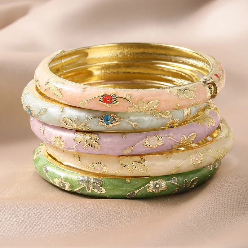 FTCY, 5 uds., brazaletes de esmalte cloisonné con flores pequeñas y finas para mujer, pulsera bohemia Vintage con gotas de aceite, regalos de joyería elegantes