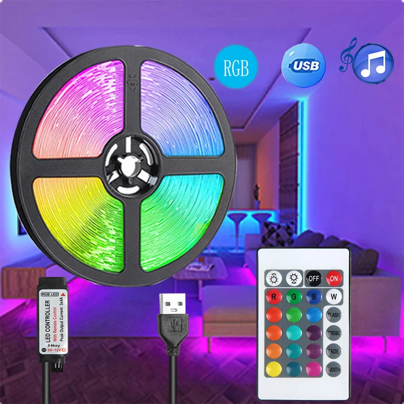 Tira de luces LED 5V1-5M RGB con USB 24 teclas Control remoto por infrarrojos para cambio de Color brillo SMD adecuado para decoración navideña