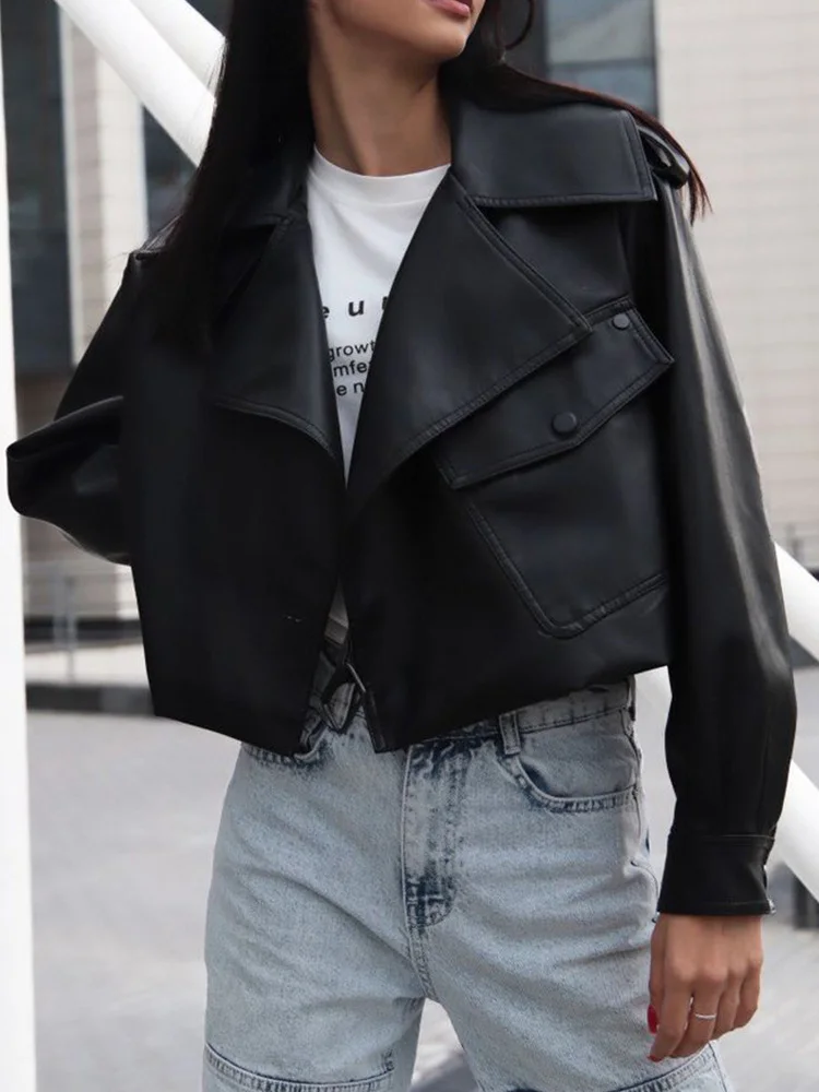 Ailegogo-Chaqueta corta de cuero sintético para mujer, abrigo holgado con bolsillos grandes, ropa de calle para motociclista, primavera y otoño