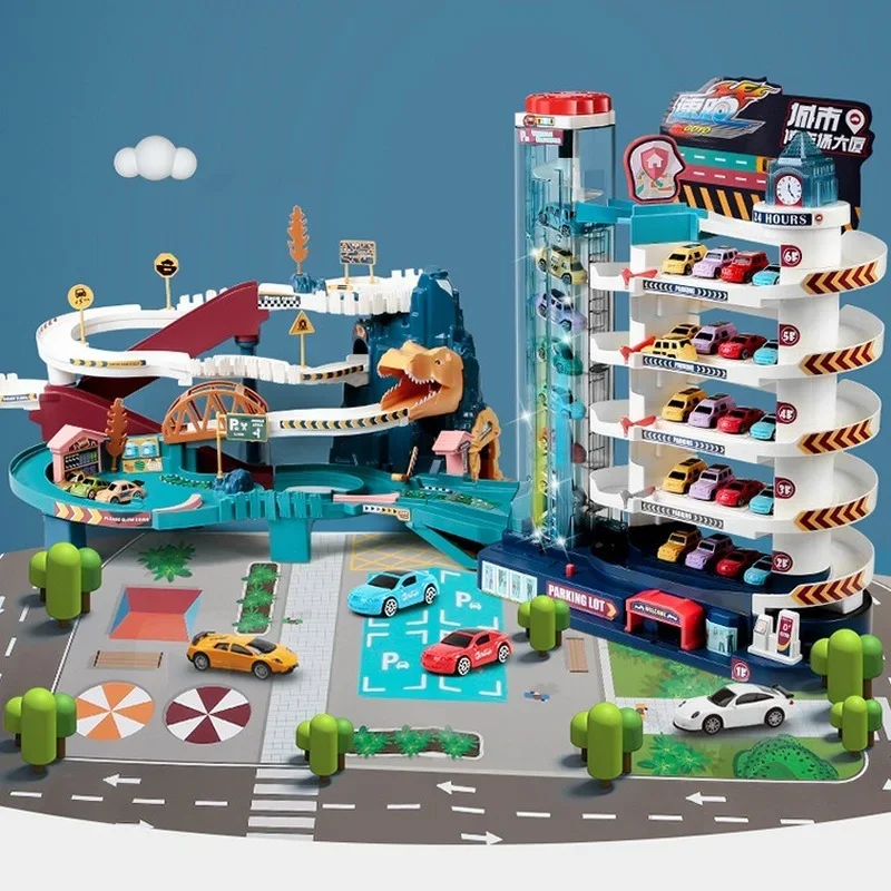 Coche ferroviario eléctrico, edificio de dinosaurios, estacionamiento, coche ferroviario de carreras de aventura, juguetes para niños, coches ferroviarios interactivos mecánicos cerebrales