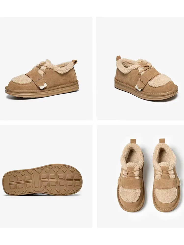 BEAUTODAY, zapatos peludos para mujer, zapatos planos de cuero vacuno con punta redonda, gancho y bucle con cordones, mocasines de invierno para mujer hechos a mano A27843