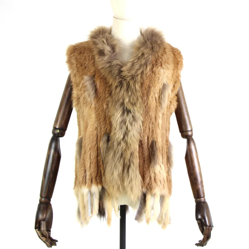 Chaleco de piel de conejo natural para mujer Harppihop con cuello de piel de mapache, chaleco/chaqueta de piel de conejo rex tejida para invierno.