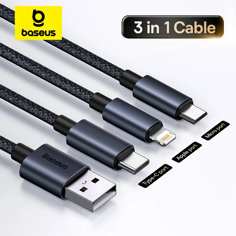 Cable USB Baseus 3 en 1 tipo C para Samsung Xiaomi Mi 9 Huawei Cable para iPhone 13 12 11 cargador de teléfono Cable de datos Micro USB