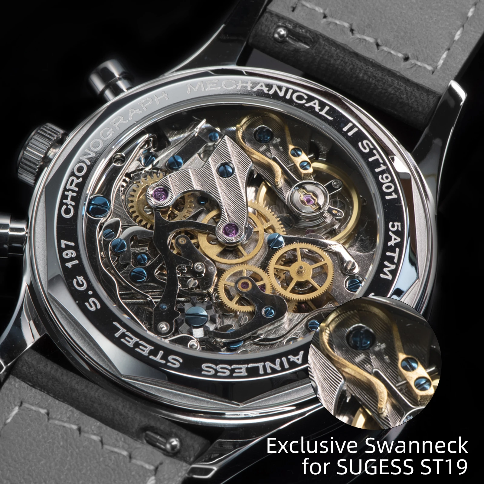 Reloj Sugess ST1908 para hombre, reloj de pulsera con cronógrafo mecánico con movimiento de cuello de cisne, calendario de fase lunar auténtica, cuero Vintage, nuevo 2023