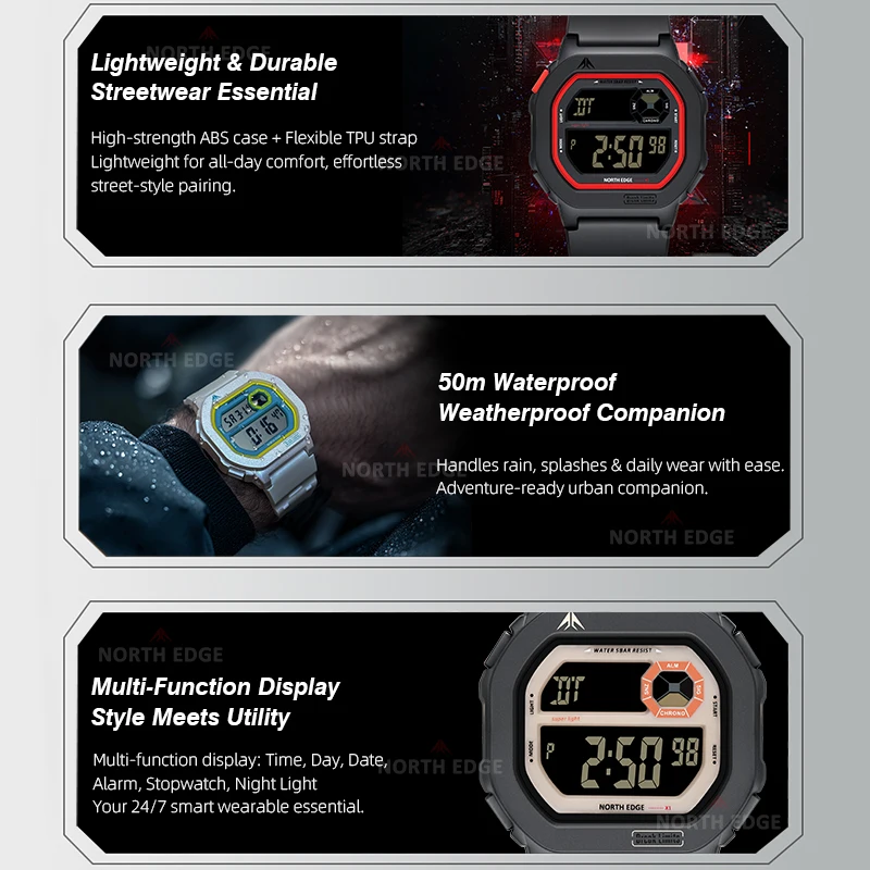 NORTH EDGE X1 Reloj Digital con pantalla cuadrada 2025, Reloj deportivo para Hombre y mujer, cronómetro resistente al agua hasta 50M, Reloj despertador con cuenta atrás para Hombre
