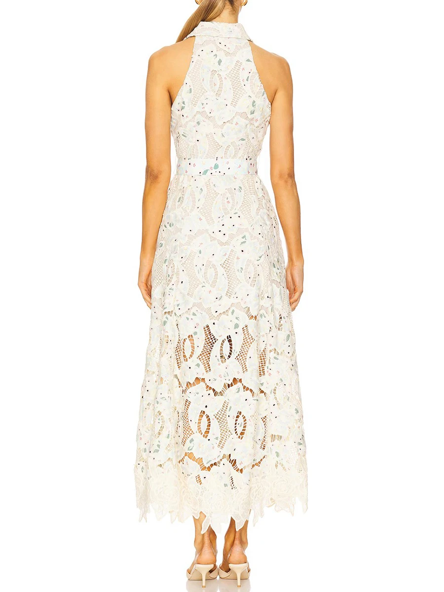 TWOTWINSTYLE, vestidos adelgazantes calados de Color intenso para mujer, vestido sin mangas con solapa de cintura alta, vestido con temperamento, estilo de moda femenina