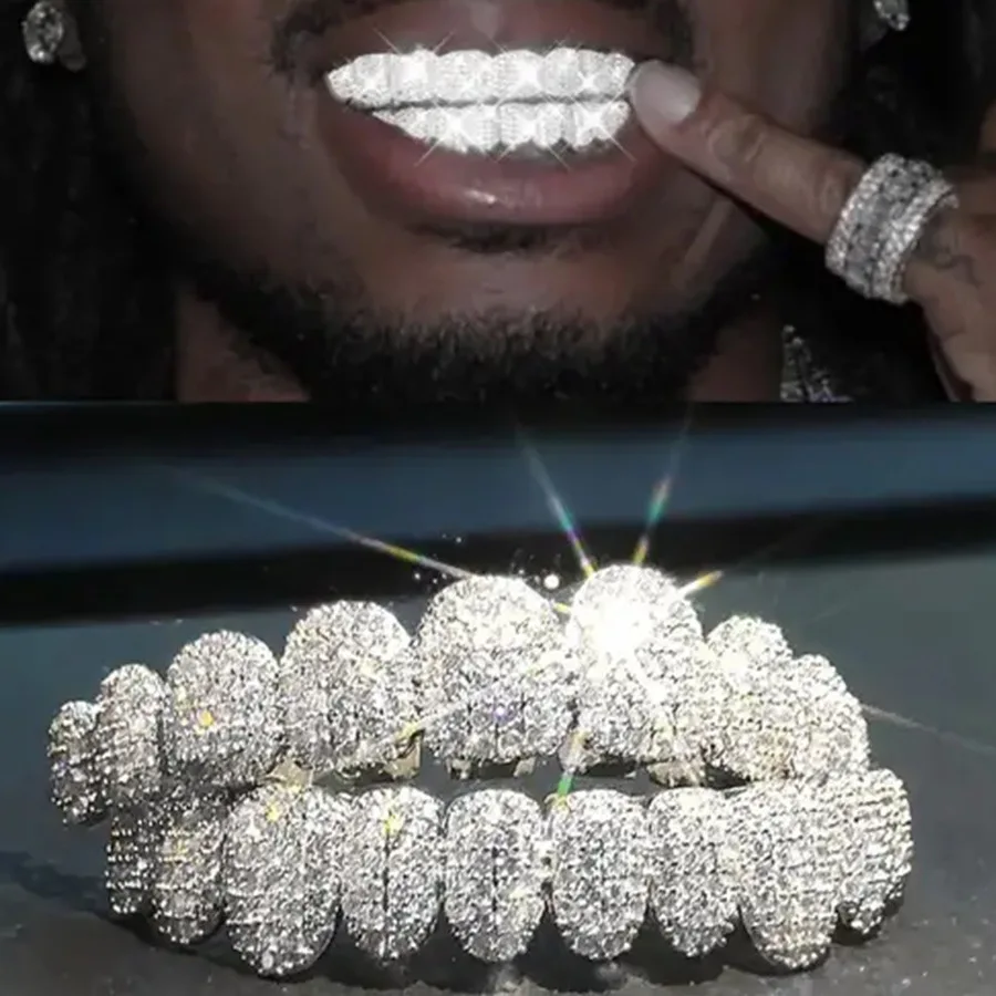 TOPGRILLZ Iced Out 10 parte superior y 10 parte inferior 5A CZ piedras dientes Grillz Punk rapero 14K chapado en oro tapas de dientes de circón para joyería bucal