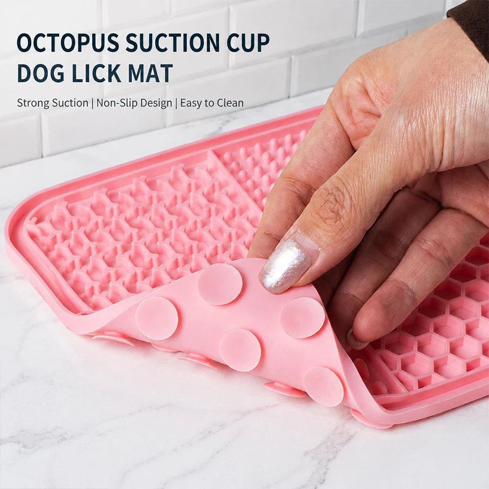 Alfombrilla de silicona de grado alimenticio para alimentación lenta de 15.5x15.5cm con fuerte ventosa, tapete anti-golpeo para comida de perros y gatos