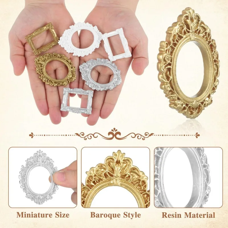 10/30 Mini Marcos de Resina Vintage para Fotos, Pequeños Marcos Antiguos Plateados y Dorados para Casas de Muñecas, Adornos y Decoración de Pared