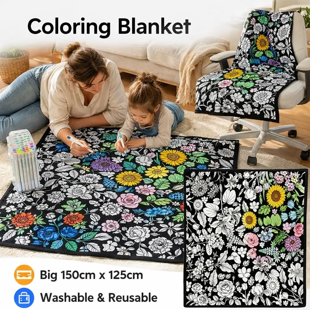 Manta para colorear DIY con 24 marcadores acrílicos de colores, diseño floral, manta de tela para pintar, para decoración de sofá, dormitorio, regalo.