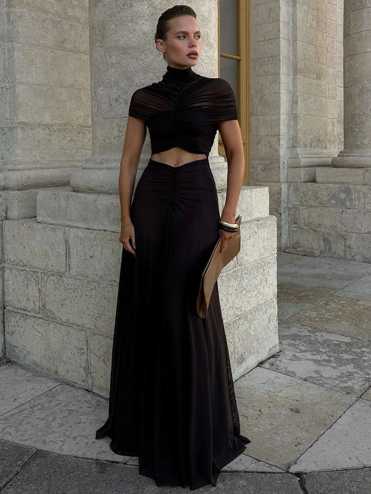Mozision-Vestido largo Sexy de manga corta con agujeros para mujer, vestido largo fruncido con cuello redondo y cintura alta, ceñido al cuerpo para fiesta y Club