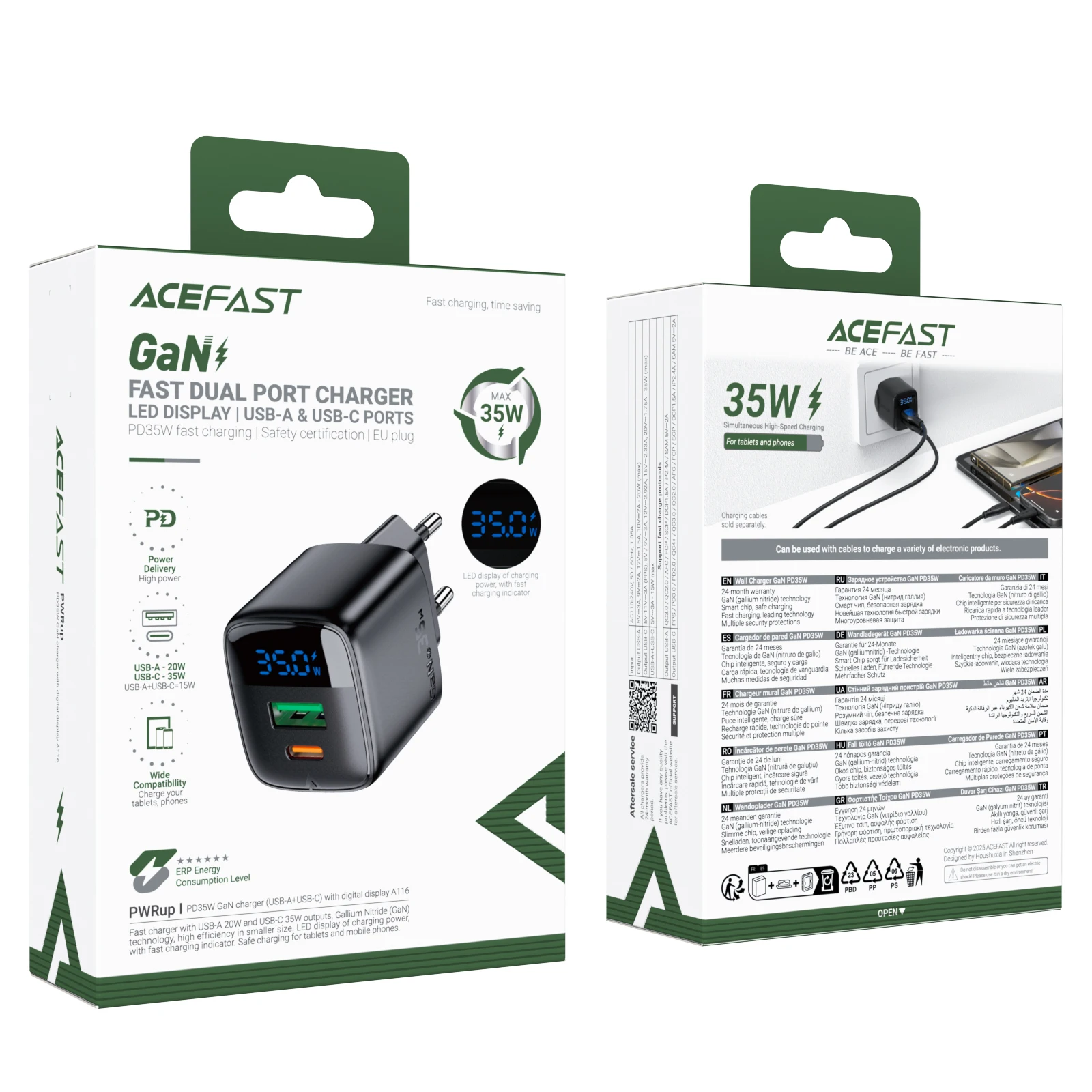 Cargador de teléfono USB C de carga rápida ACEFAST GaN de 35 W para Samsung S25 S24, adaptador de pared con carga rápida PD QC y pantalla digital LED.
