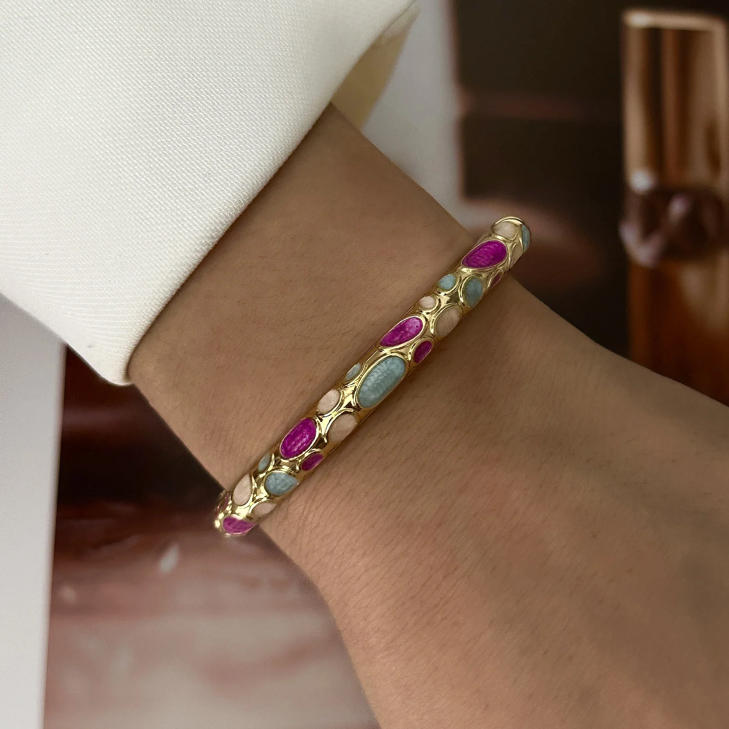 Pulsera de esmalte cloisonné vintage para mujer, estilo étnico, colorida, con diseño floral de aceite goteado y pedrería, brazalete para uso diario, fiestas, regalos de joyería