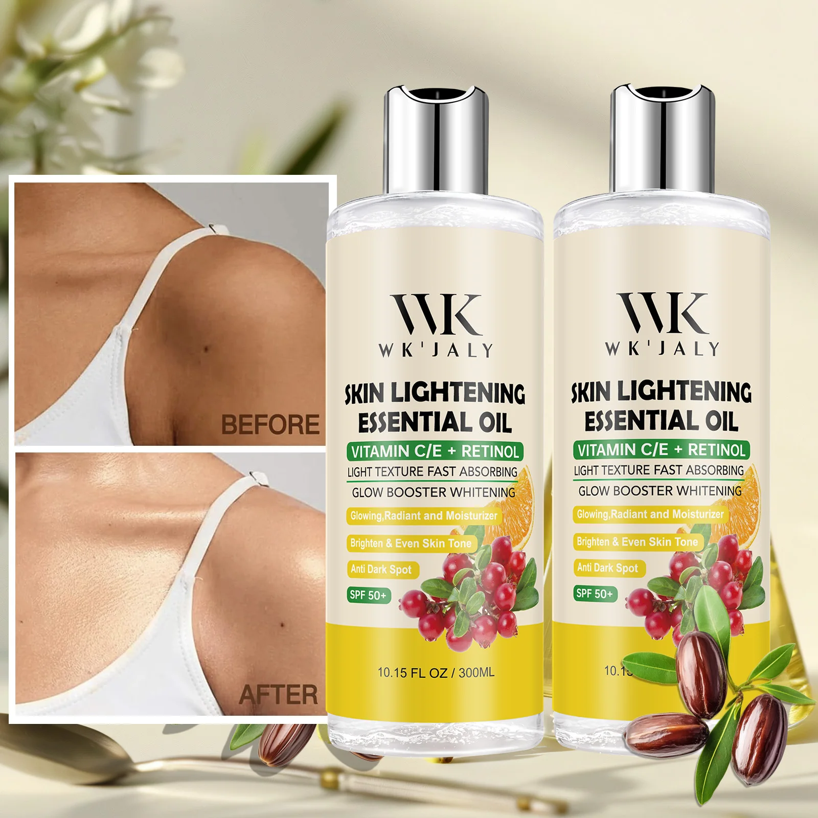 WK JALY Aceite Aclarante con Vitamina C y Retinol, Hidrata, Blanquea, Anti-Manchas Oscuras, Unifica el Tono de Piel, No Grasoso, 300ml