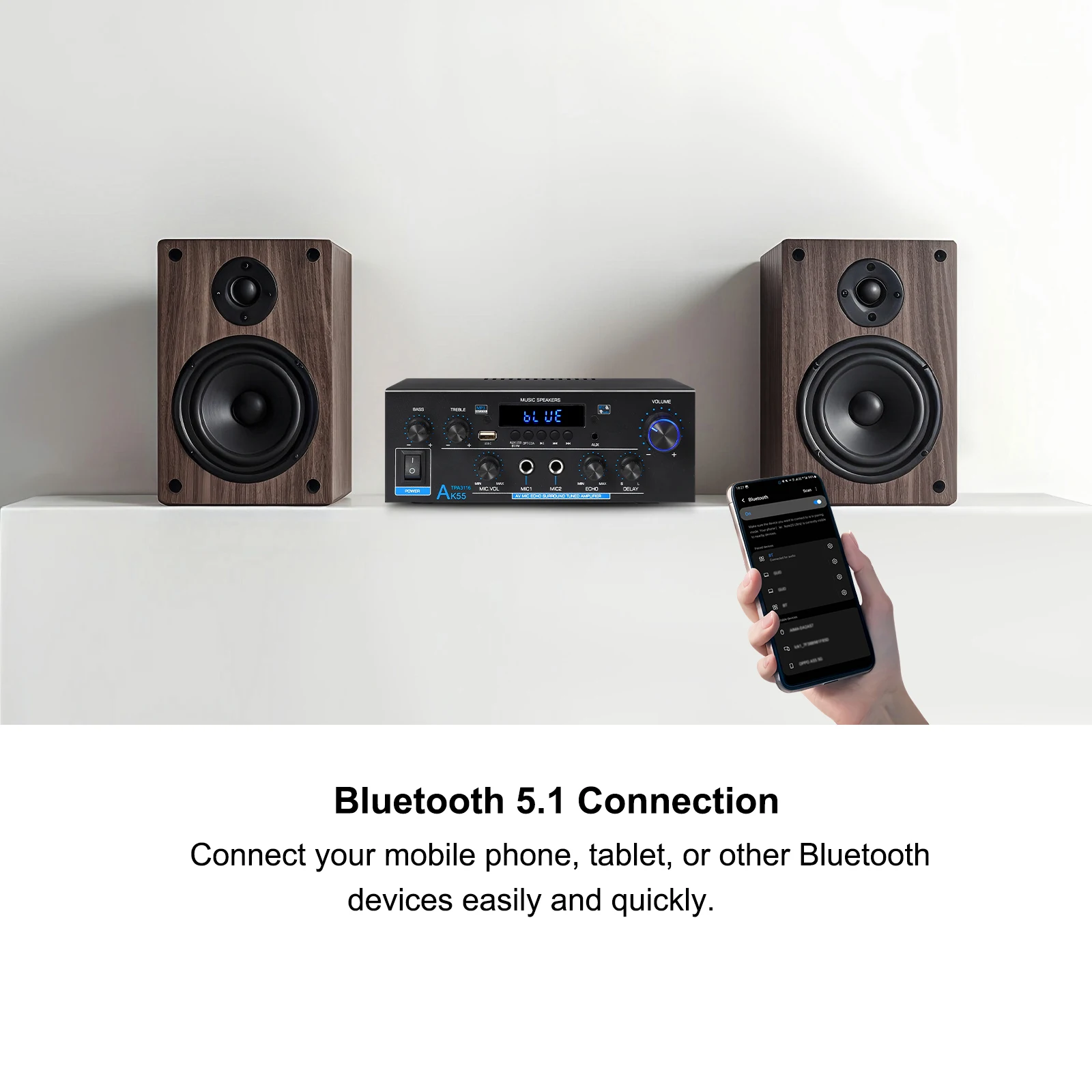Amplificador Digital Woopker AK35/AK45 Pro/AK55, Amplificador de Sonido Bluetooth de 2 Canales HIFi FM USB para Casa, Auto y Karaoke