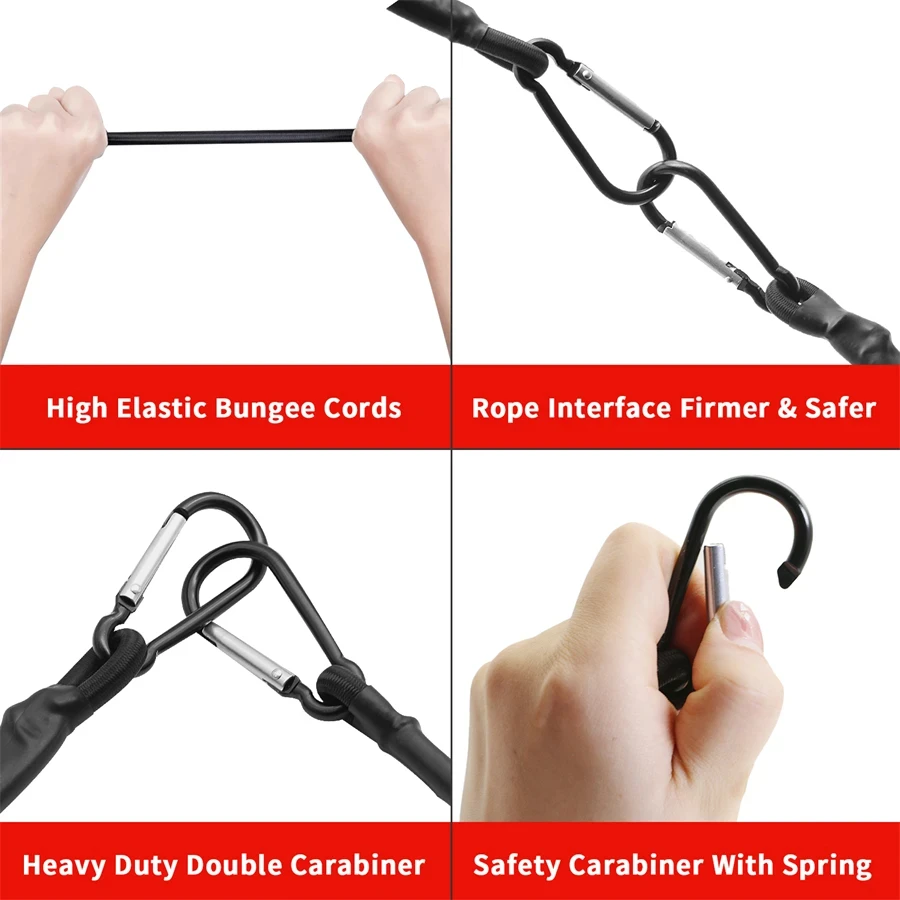 Cuerdas elásticas de 6 mm de grosor con ganchos de mosquetón metálicos, cuerdas elásticas de 30/60/90/120/150 cm para bicicleta, equipaje de coche y portaequipajes de techo