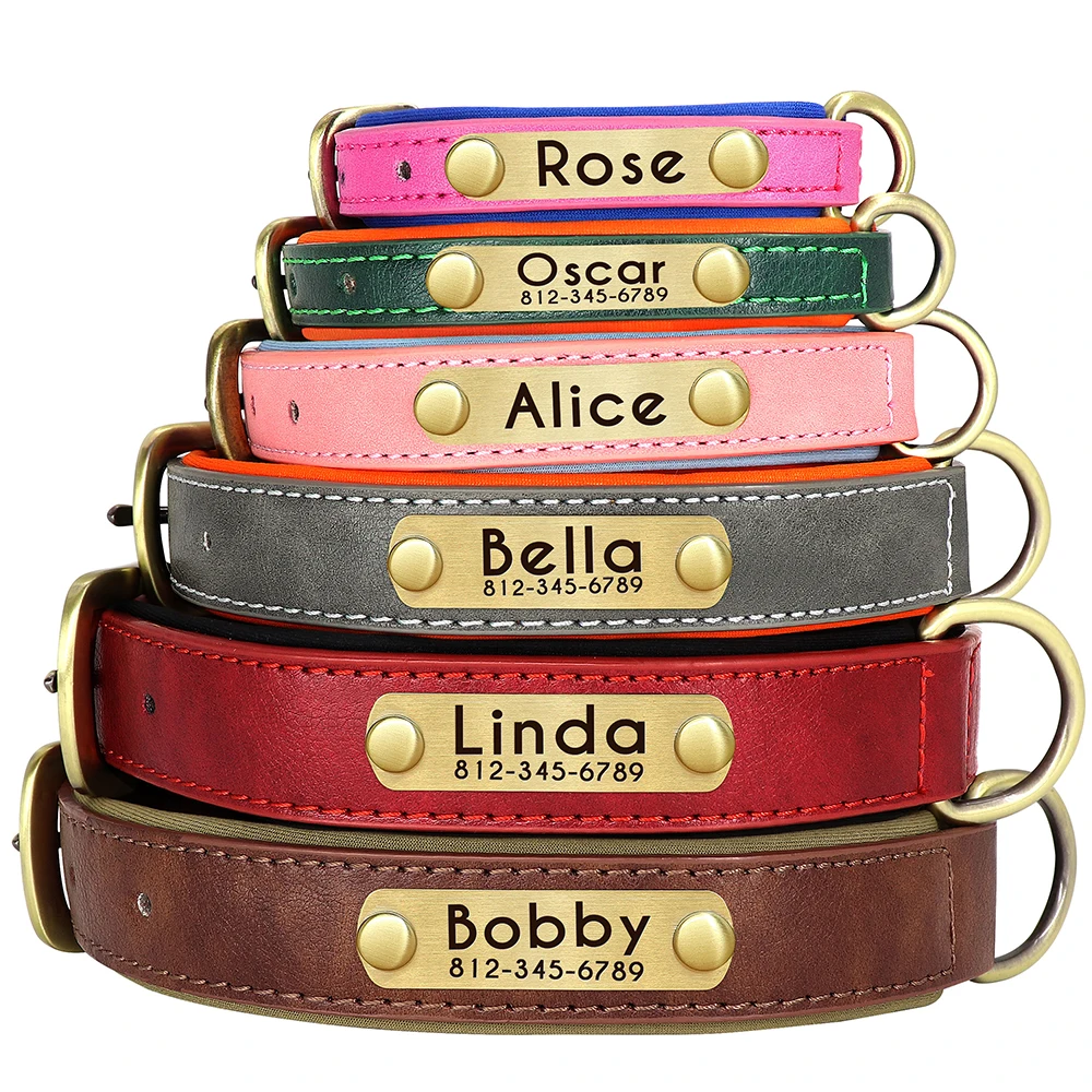 Collar de perro con placa de identificación de cuero PU personalizado, collares para perros acolchados suaves, nombre grabado gratis para perros pequeños, medianos y grandes, ajustable