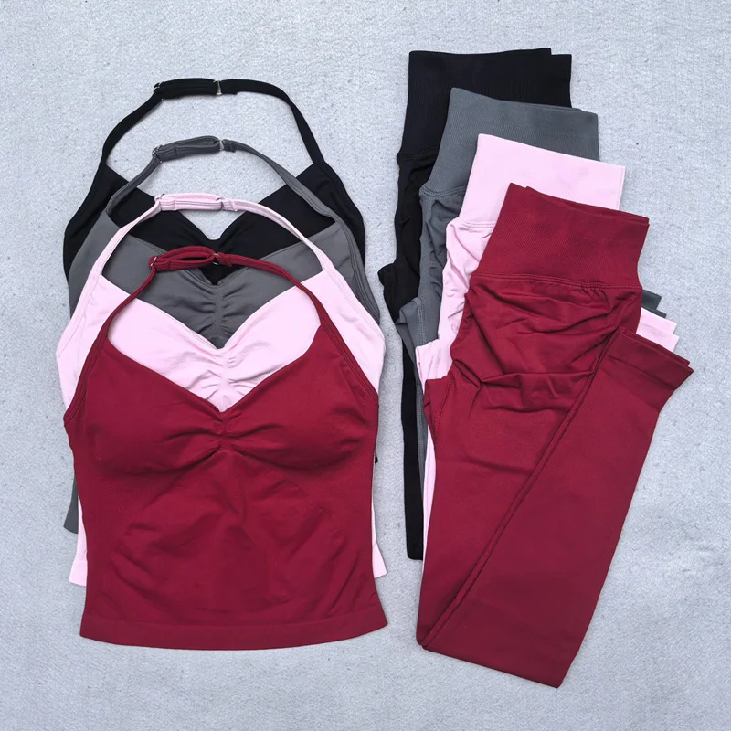 Conjunto de Yoga sin costuras para mujer, 2 uds., camiseta sin mangas acolchada con cuello Halter, mallas de gimnasio para levantamiento de glúteos, ropa deportiva para mujer, ropa de entrenamiento