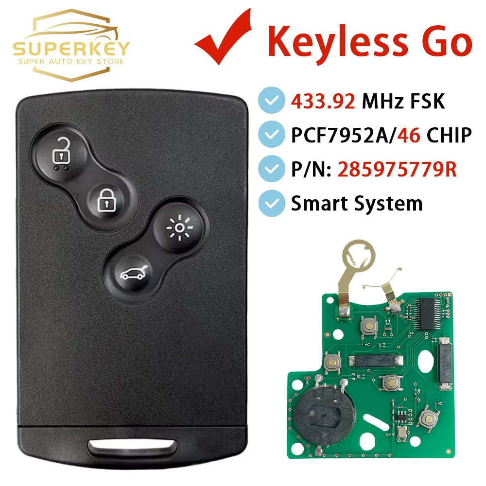 SUPERKEY - Llave Inteligente para Coche, Manos Libres, Sin Llave, 433MHz, Chip PCF7952A 46, para Renault Megane III, Fluence, Laguna III, Scenic 2009-2015