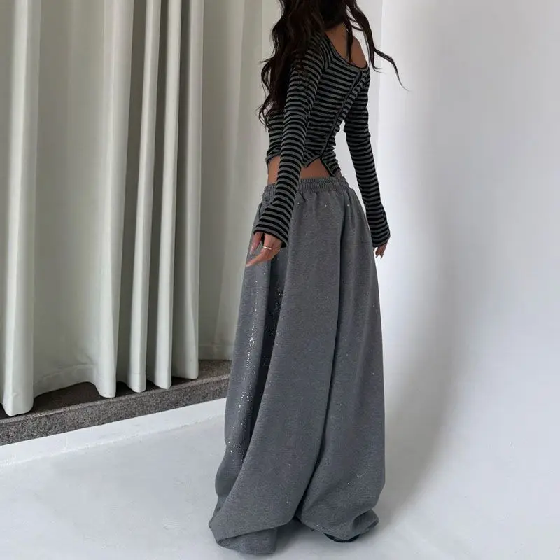 Pantalones de chándal Y2K con diamantes negros para mujer, ropa de calle Harajuku, pantalones holgados para correr, pantalones de pierna ancha a la moda, pantalones informales de gran tamaño de Hip Hop