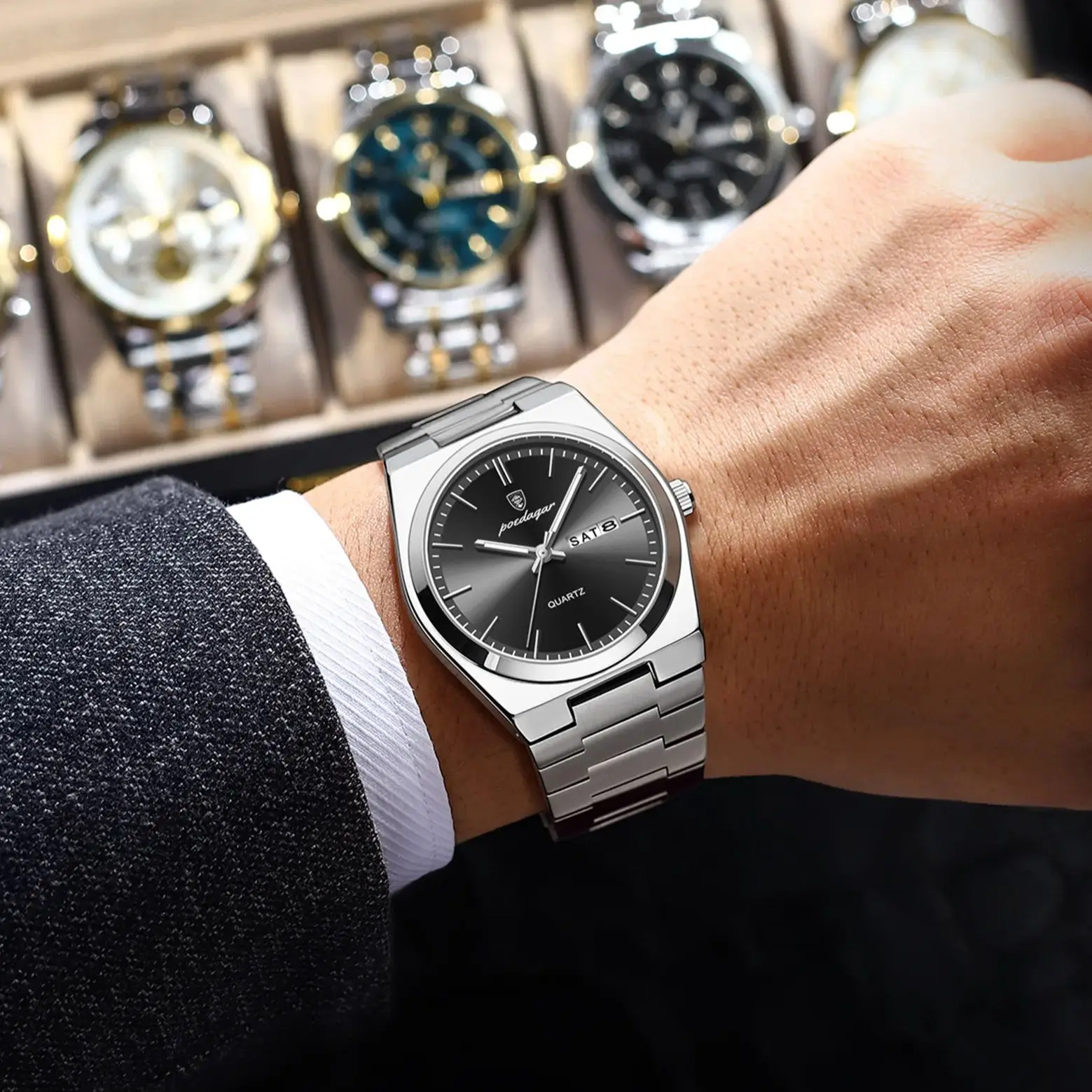 POEDAGAR, reloj de pulsera de cuarzo de lujo para hombre, resistente al agua, luminoso, con fecha, semana, reloj para hombre, relojes de moda de negocios de acero inoxidable para hombre