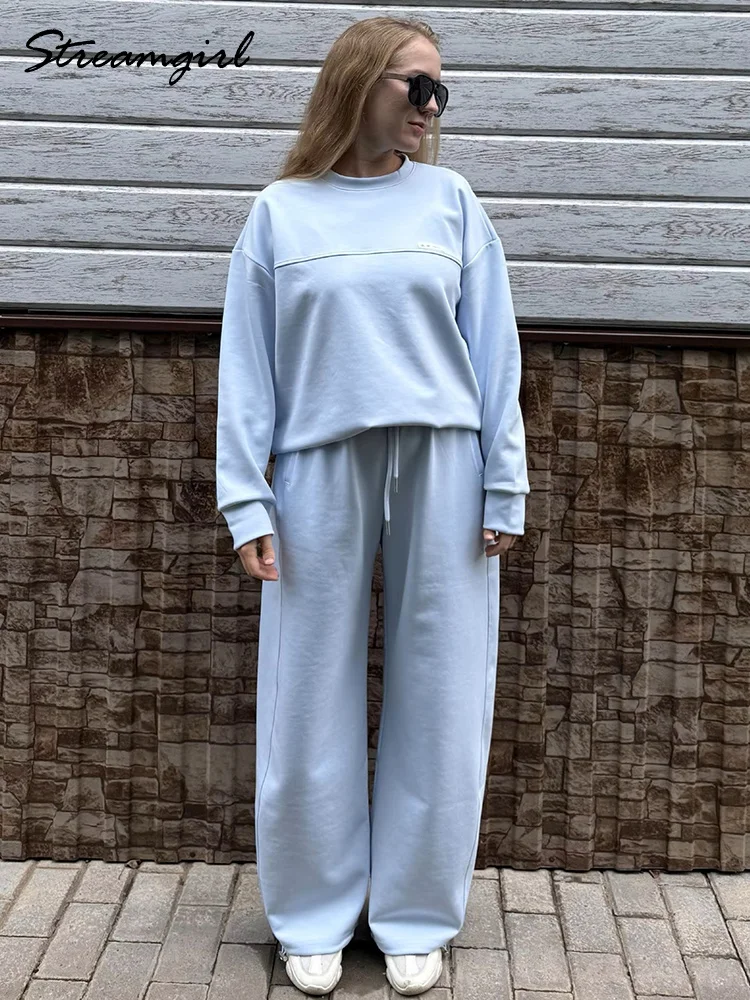 Conjunto Deportivo Otoñal para Mujer, Pantalones Marrones, Conjunto de Sudadera y Pantalones Deportivos de Algodón con Cuello Redondo, Conjunto de 2 Piezas en Azul