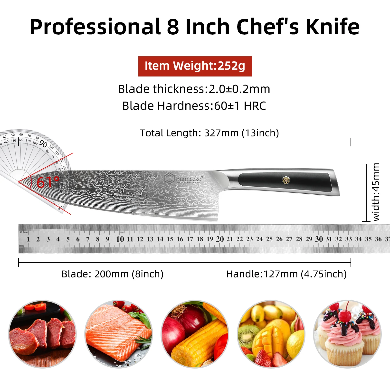 Sunnecko-cuchillo de Chef de Damasco, utensilio de cocina japonés de 8 pulgadas, Ultra afilado, de alto carbono, VG10, cortador de carne de acero, Gyuto