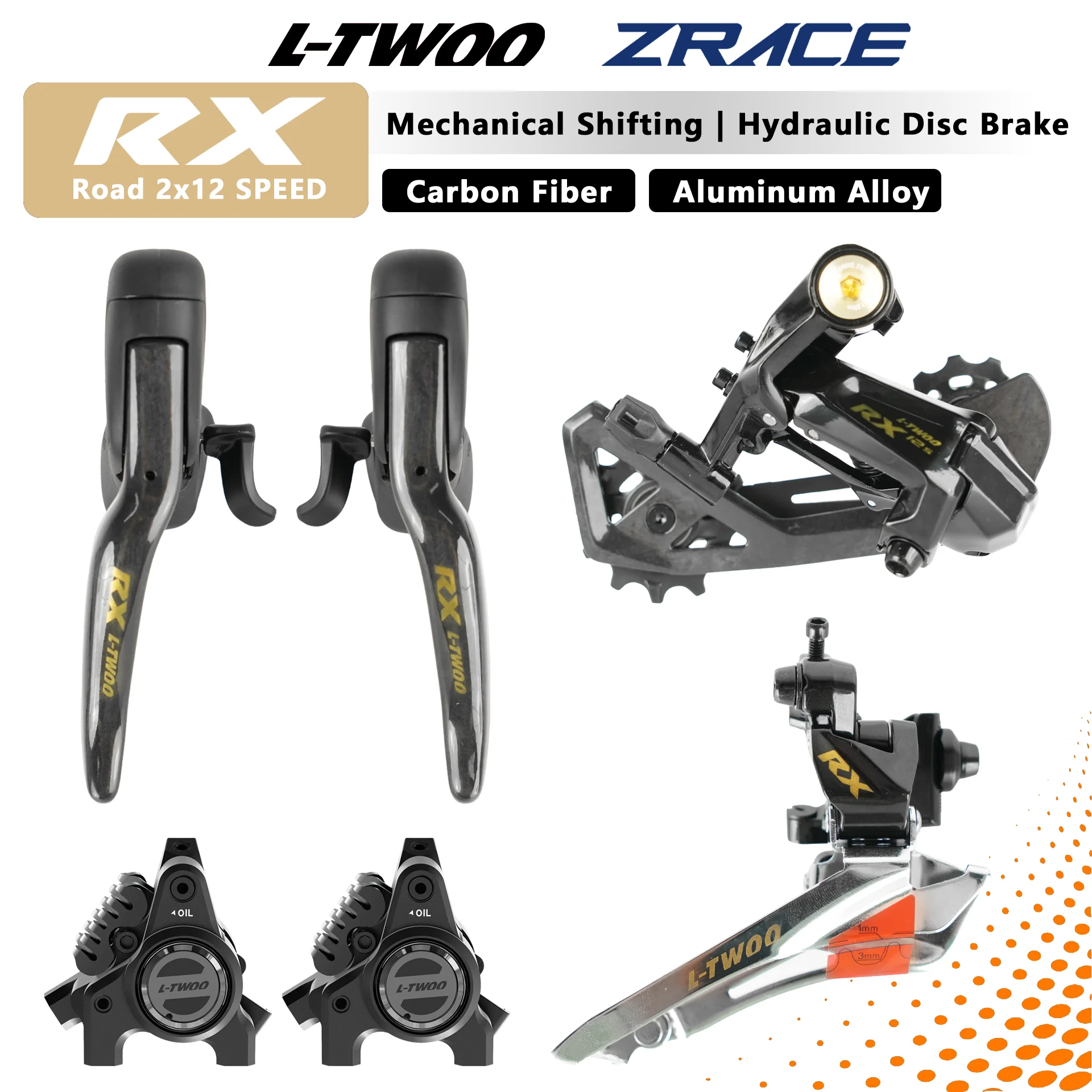 Grupo de Frenos de Disco Hidráulicos para Bicicleta de Carretera LTWOO RX Disc 2x12 Velocidades, Versión de Carbono y Aleación, Compatible con R7170 R8170