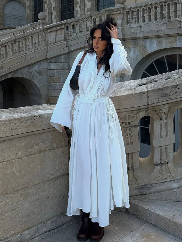 HH-vestidos de moda para mujer, vestido largo blanco con cuello en V, mangas largas, borde con volantes, decoración con cordones, estilo playero de verano