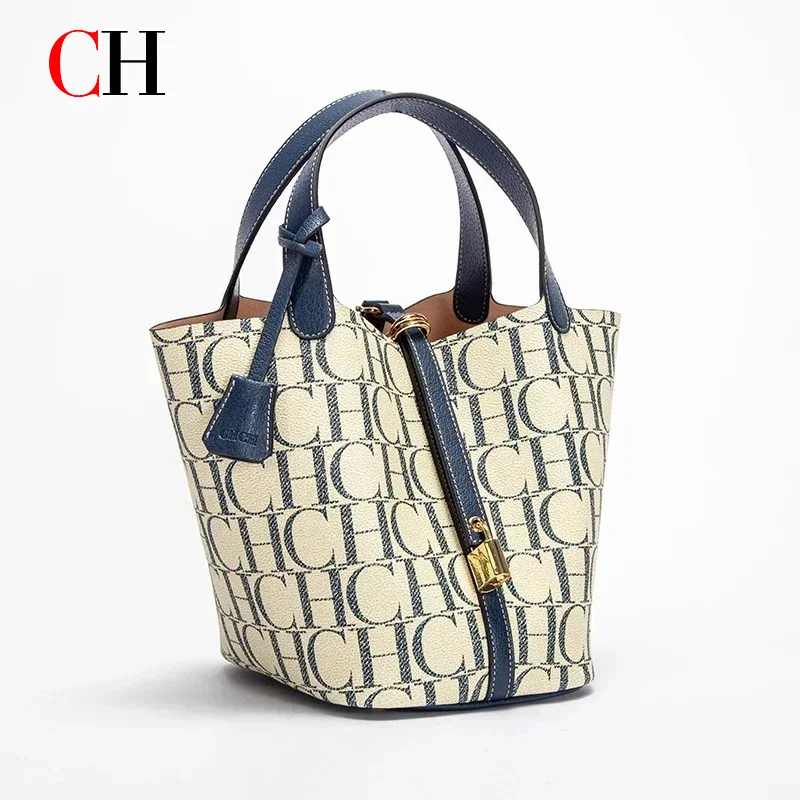 Bolso Tote CH para Mujer, Bolso de Mano de Cuero con Monograma de Lujo, Bolso de Moda con Asa Superior, Bolso Tipo Cubo Elegante con Cierre para el Uso Diario