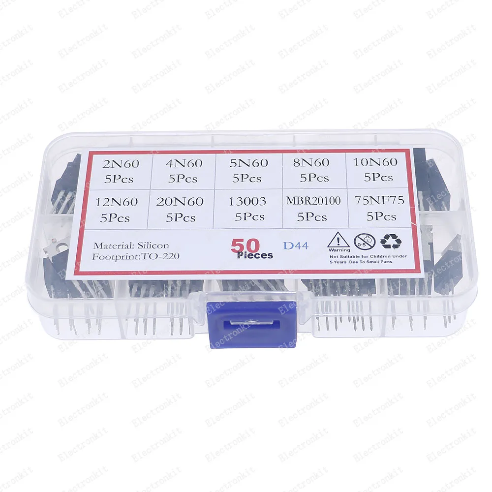 Kit de transistores Mosfet, caja de 50 piezas, 10 valores TO-220, 2N60, 4N60, 5N60, 8N60, 10N60, 12N60, 20N60, 13003, MBR20100, 75NF75