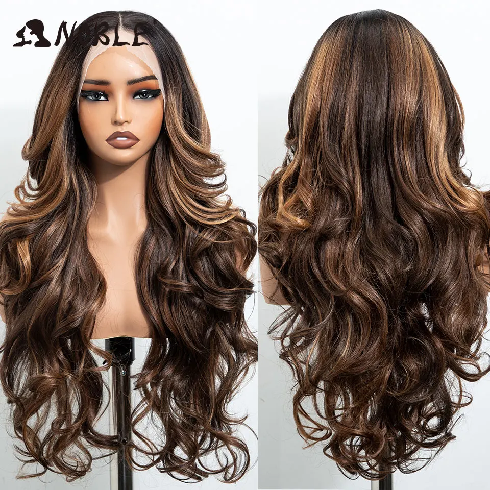 Peluca sintética de 28 pulgadas con ondas corporales, color marrón, con encaje frontal 13x4, parte media, resistente al calor, para mujeres, uso diario y fiestas.