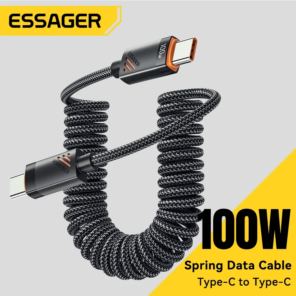 Essager Cable tipo C de resorte para coche para iPhone 16 15 Xiaomi Samsung 100W PD carga rápida para Macbook iPad Cable tipo C a tipo C
