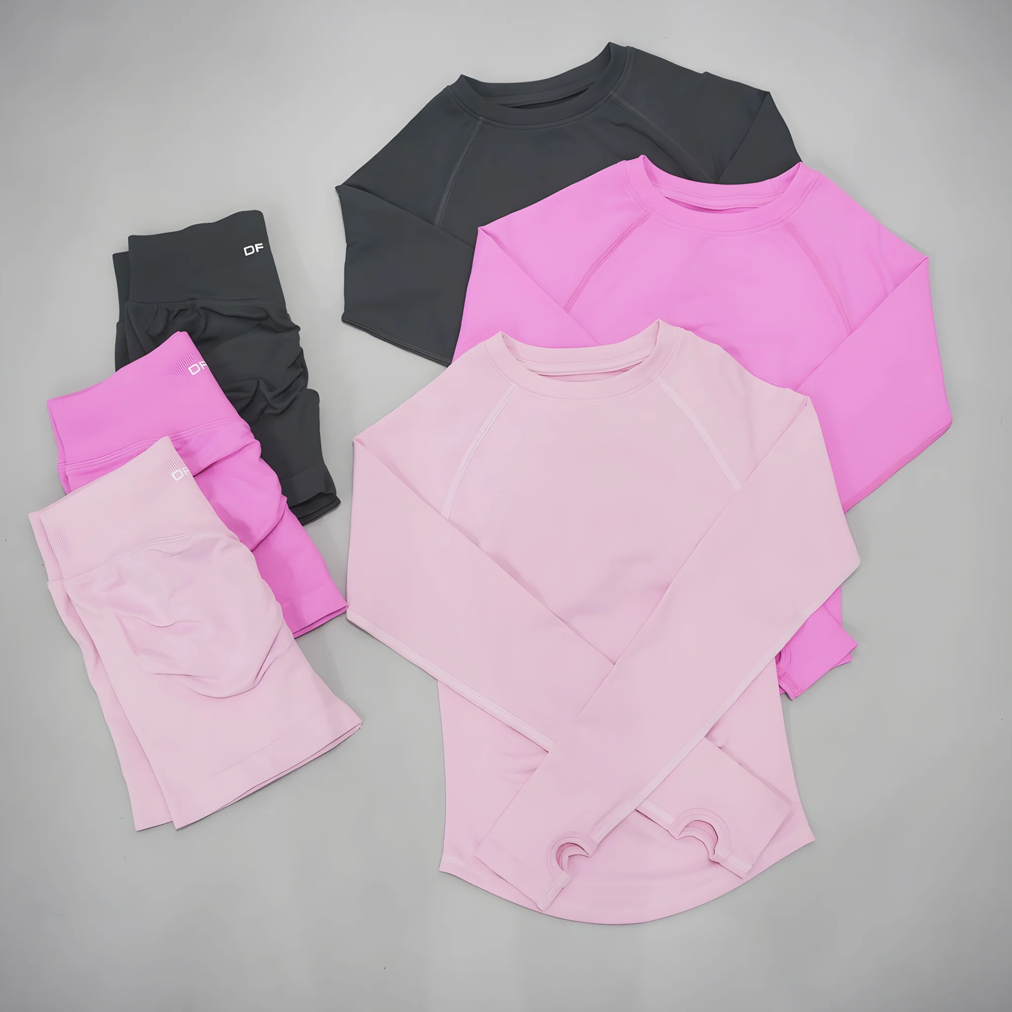 Conjunto Deportivo de 2 Piezas para Mujer Estilo DF LOGO, Tejido Sin Costuras, Top Corto de Manga Larga, Shorts Deportivos de Alta Elasticidad con Control de Abdomen, para Yoga y Entrenamiento