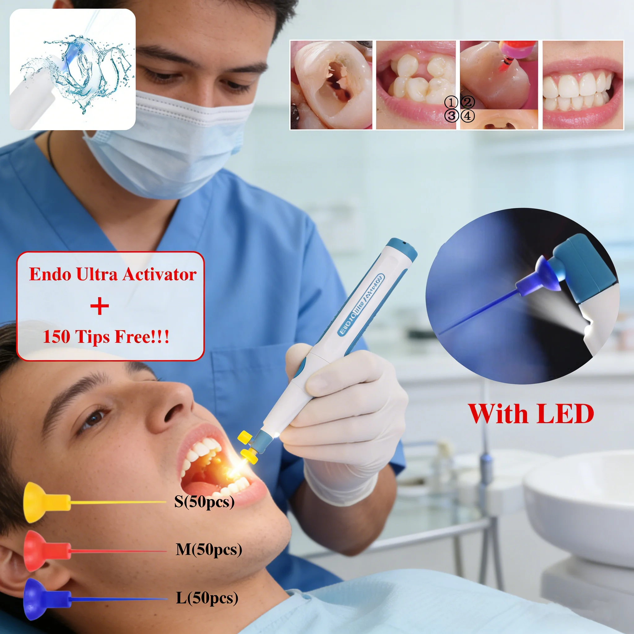Activador Ultrasónico Inalámbrico para Endodoncia Dental con LED, Irrigador de Conducto Radicular / Puntas