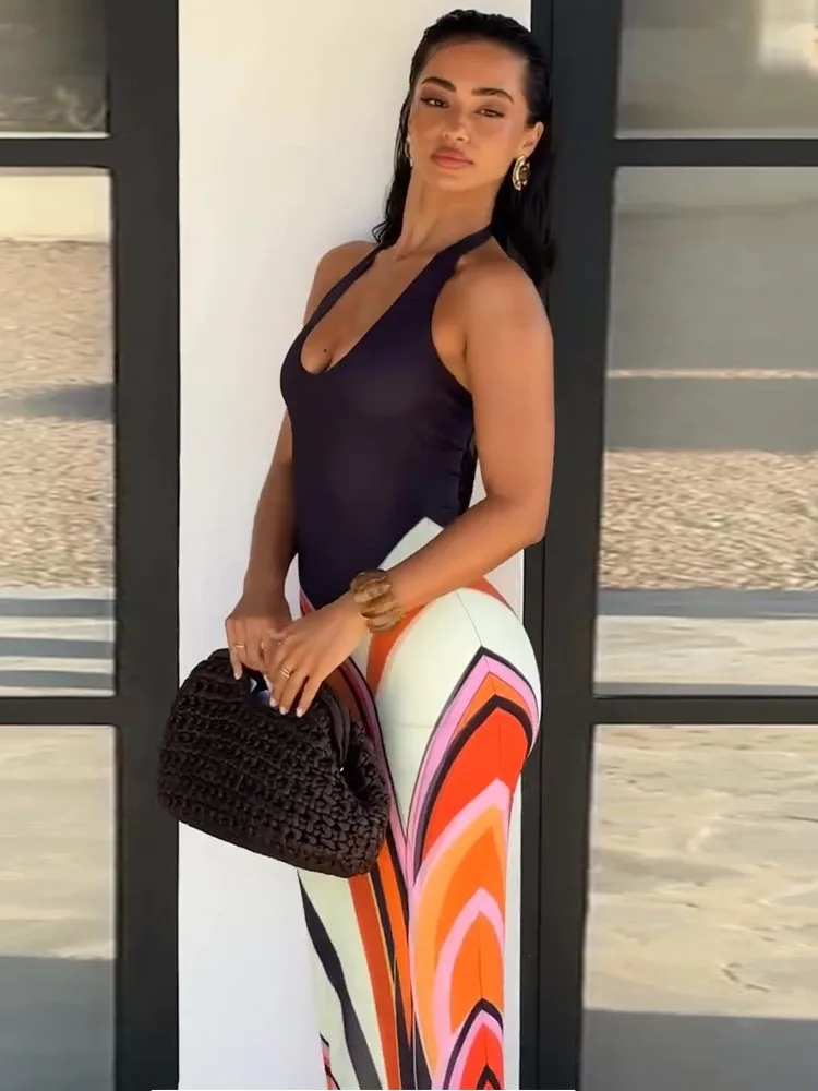 Vestido Largo Sexy con Cuello Halter en Contraste para Mujer, Sin Mangas, Espalda Descubierta, Ajustado a la Cadera, Vestidos Maxi de Verano 2026, Vestidos de Vacaciones con Parches para Mujer
