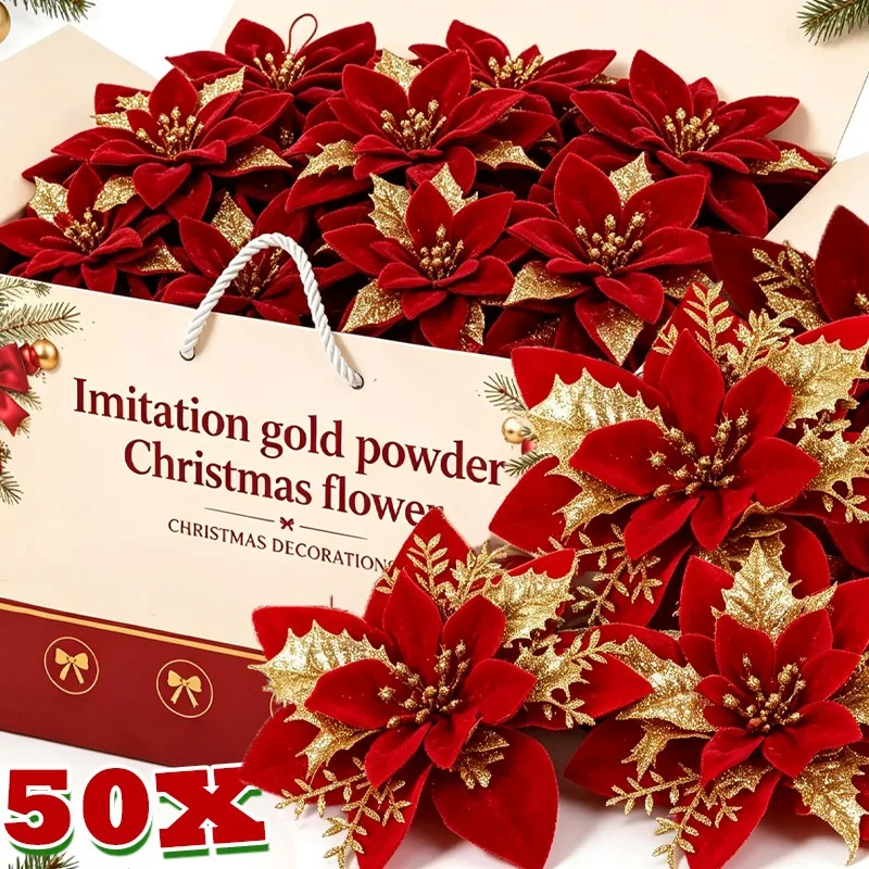 Flores Artificiales de Poinsettia Rojas Doradas Brillantes, Árbol de Navidad Artificial, Flores Falsas con Purpurina, Adornos Florales para Fiestas y Hogar