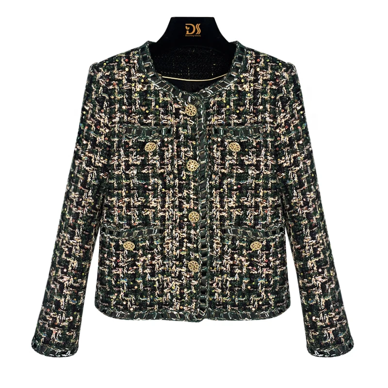 Nueva moda retro celebridad industria pesada lentejuelas temperamento diseño cuello redondo solo pecho pequeña chaqueta con fragancia