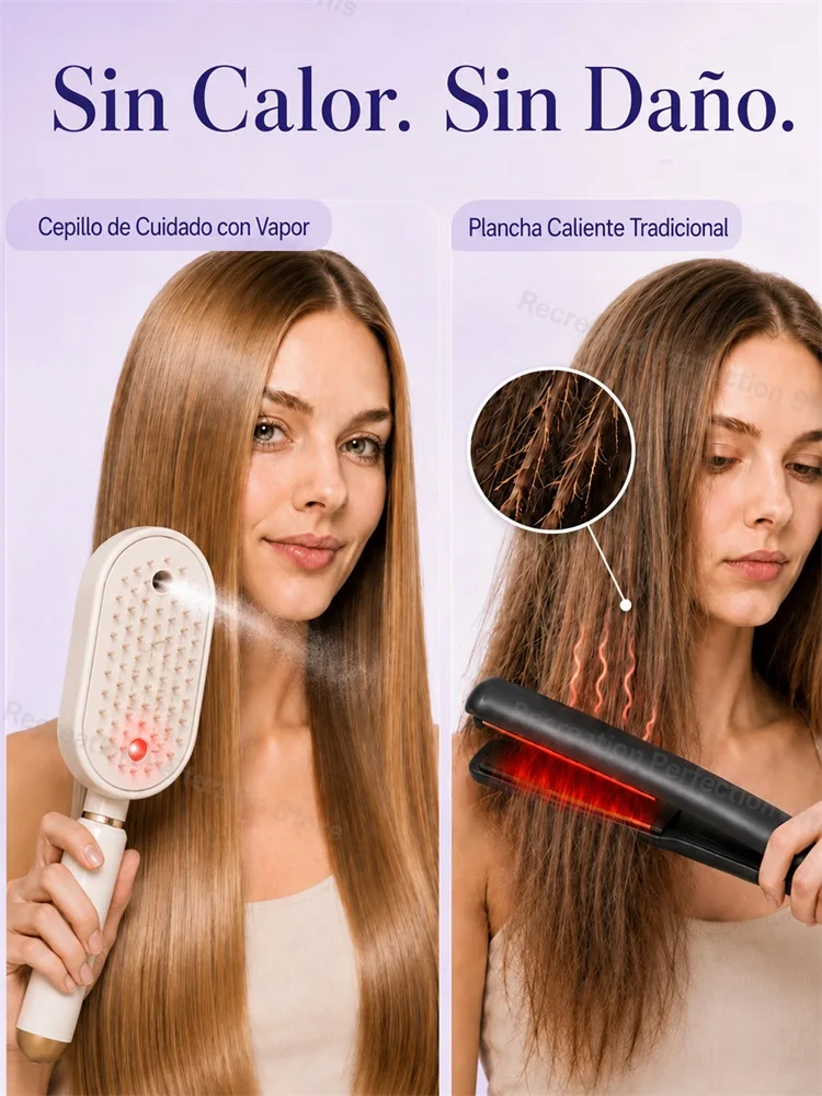Cepillo Eléctrico Alisador de Cabello sin Calor con Pulverizador de Niebla Fina, Cuidado con Luz Roja, Alisador para Uso en Seco y Húmedo, Carga Rápida