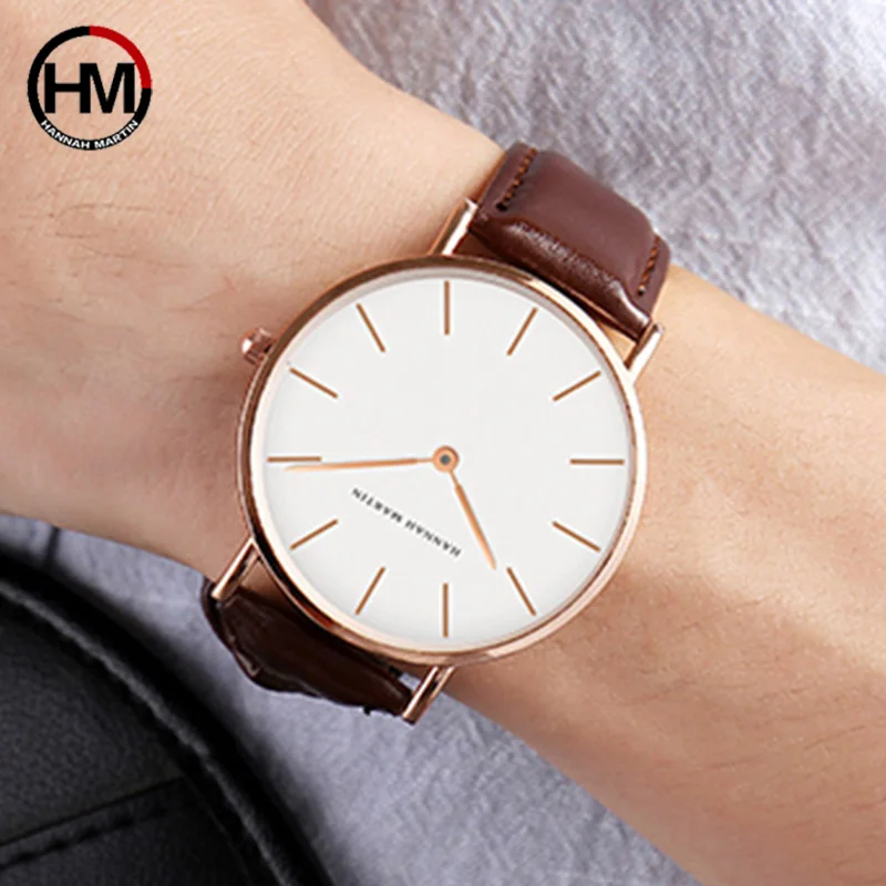Reloj Hannah Martin de alta calidad para hombre, relojes de pulsera de cuarzo japonés a la moda, reloj resistente al agua con movimiento de cuarzo de cuero marrón plateado