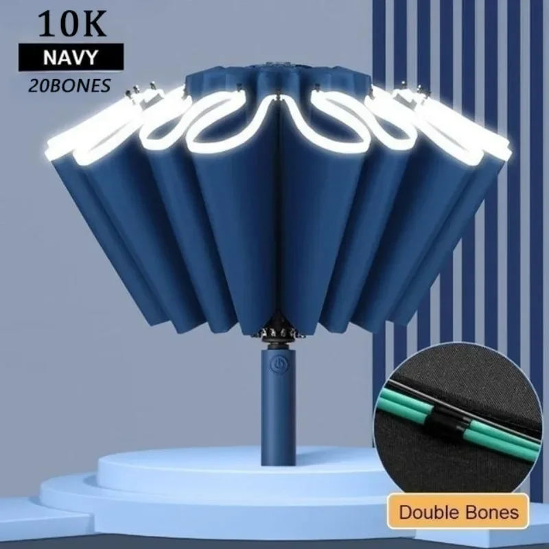 Paraguas plegable inverso completamente automático para hombres y mujeres con paraguas UV con raya reflectante a prueba de viento
