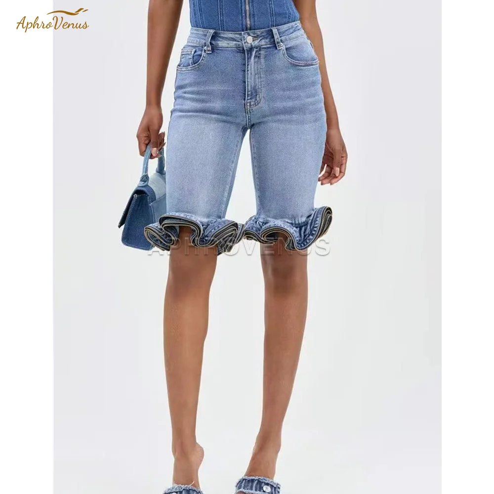 Shorts de mezclilla ajustados con dobladillo ondulado para mujer, cintura alta, estilo casual, con volantes, a la moda, efecto adelgazante, streetwear