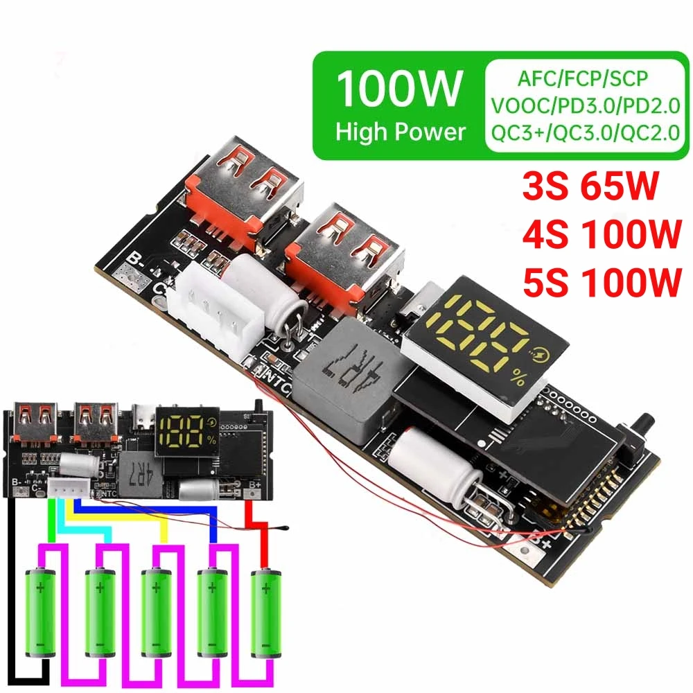 Placa base para banco de energía DIY de 65W 100W con carga rápida bidireccional Dual Type-C PD3.1 PPS SCP VOOC MPPT y placa de carga solar 3S 4S 5S