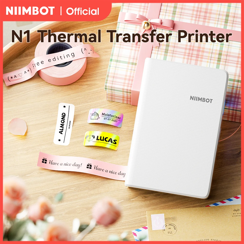 Niimbot N1/B18 impresora de etiquetas adhesivas de transferencia térmica Mini fabricante de etiquetas con cinta papeles PET para joyería Cable cosméticos